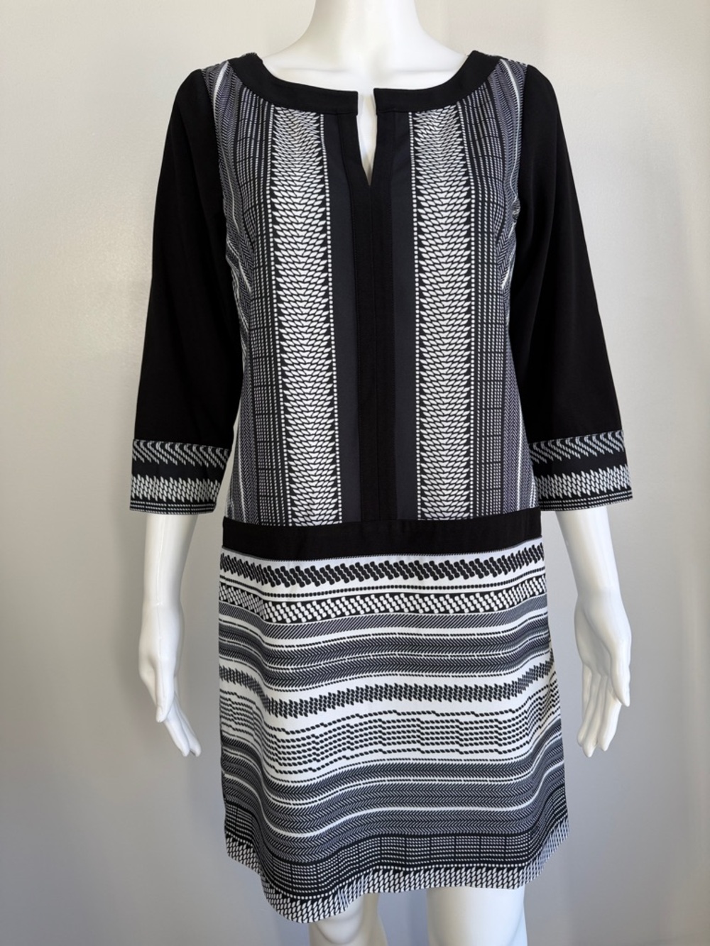 Hale Bob Knit Shift Dress Black White Geometric Stripe XS
